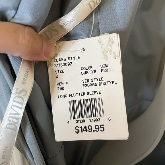 David’s Bridal Dusty Blue Long Flutter Sleeve Dress Size 2 - Picture 5 of 8